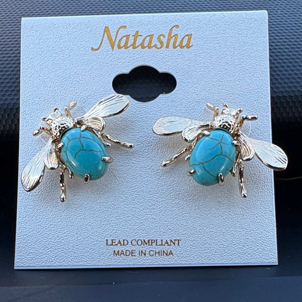 Natasha Couture Gold and Blue Insect Earrings